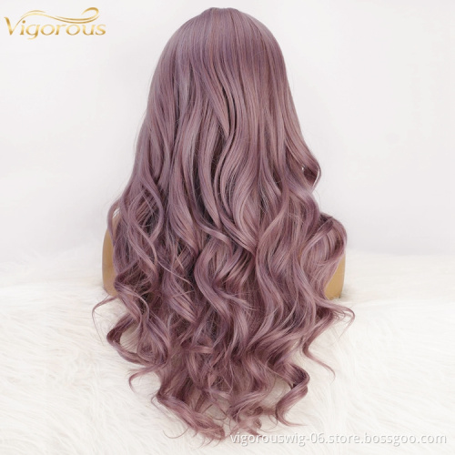 Vigorous Women's Purple Curly Long Wavy Wigs with Air Bangs Middle Part Synthetic Cosplay Wig for Girl Costume Wigs
